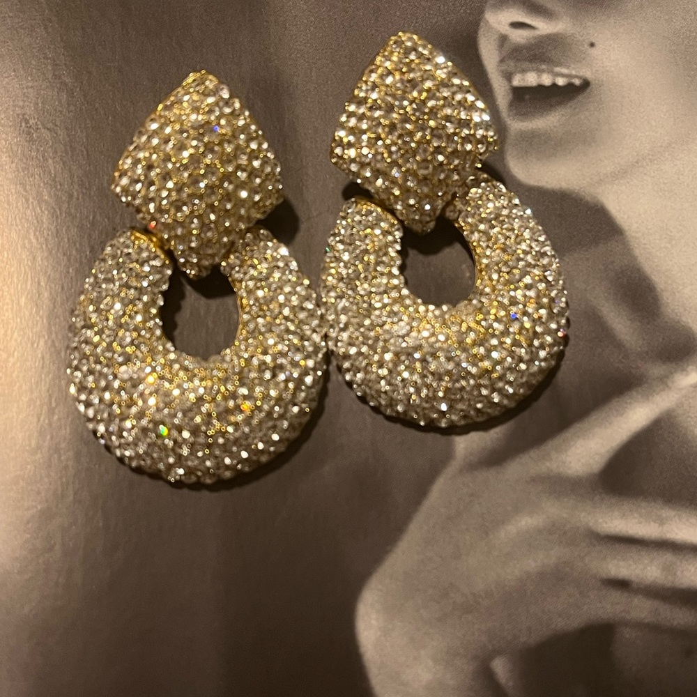 HUGE Gold Tone Sparkling Pave Crystals Door Knocker Earrings.